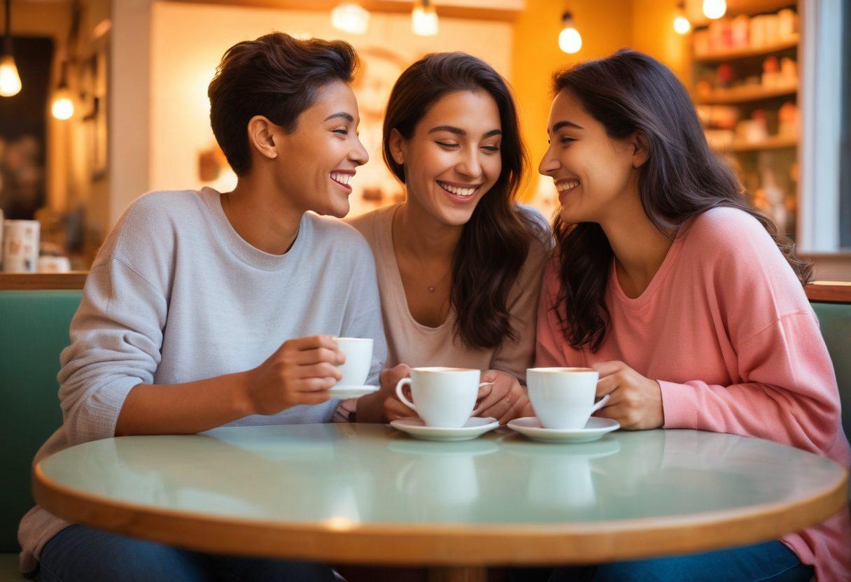 A vibrant scene depicting two friends sitting together in a cozy café, sharing laughter and heartfelt conversations. Soft warm lighting creates an intimate atmosphere, with subtle hints of romantic tension in their expressions. Surround them with symbolic elements like heart-shaped coffee cups and intertwined hands, suggesting the evolution from friendship to romance. Include soft pastel colors to evoke warmth and connection. painting. soft lighting. vibrant colors.