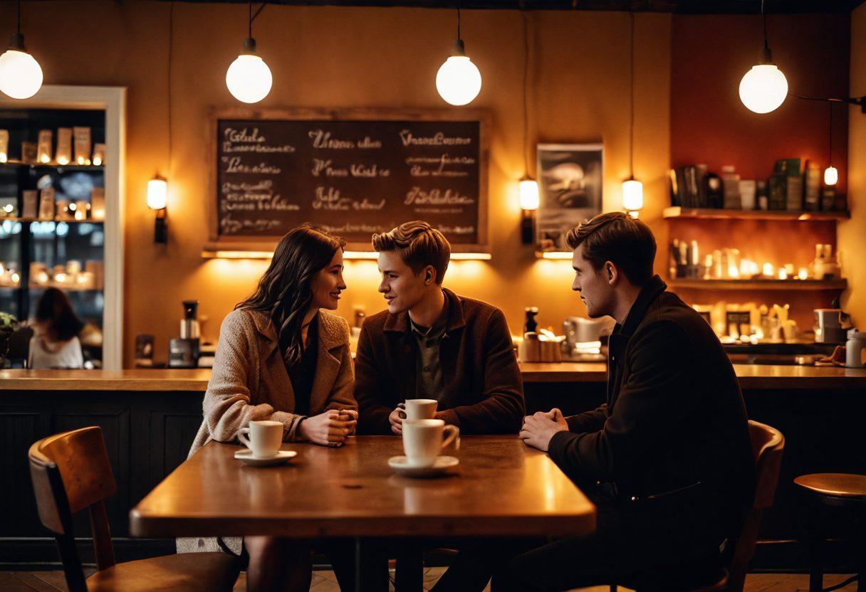 A warm, inviting scene of a couple in a cozy café, engaging in deep conversation under soft, ambient lighting. Surround them with elements that symbolize affection, like intertwined hands, books on love, and a heart-shaped latte art. In the background, softly blurred silhouettes of other couples enjoying moments together. The atmosphere should evoke feelings of intimacy and connection, capturing the essence of modern romance. super-realistic. warm colors. soft focus.