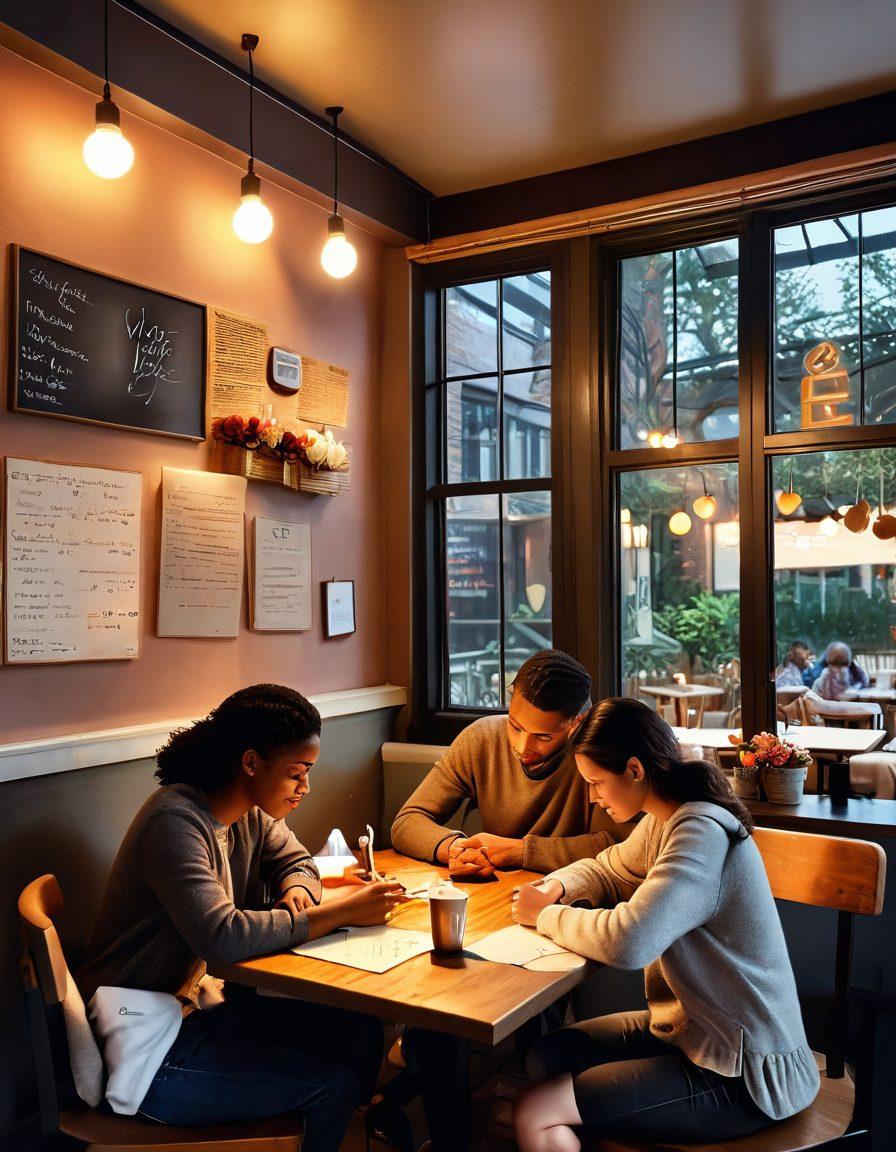A warm and inviting scene of diverse couples engaging in heartfelt conversations in a cozy café, with a backdrop of love letters and heart-shaped decorations. Include elements like soft lighting, subtle symbols of affection like flowers and intertwined hands, and a chalkboard with the title 'Communicating with Heart'. The atmosphere should evoke intimacy and connection. super-realistic. warm colors. cozy ambiance.